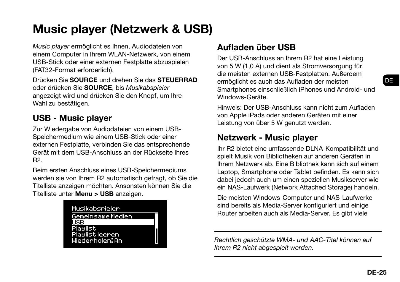 Music player (netzwerk & usb), Usb - music player, Aufl aden über usb | Netzwerk - music player | Ruark Audio R2 (mk3) User Manual | Page 89 / 256