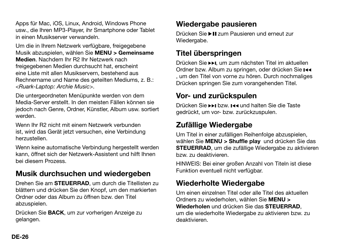 Musik durchsuchen und wiedergeben, Wiedergabe pausieren, Titel überspringen | Vor- und zurückspulen, Zufällige wiedergabe, Wiederholte wiedergabe | Ruark Audio R2 (mk3) User Manual | Page 90 / 256