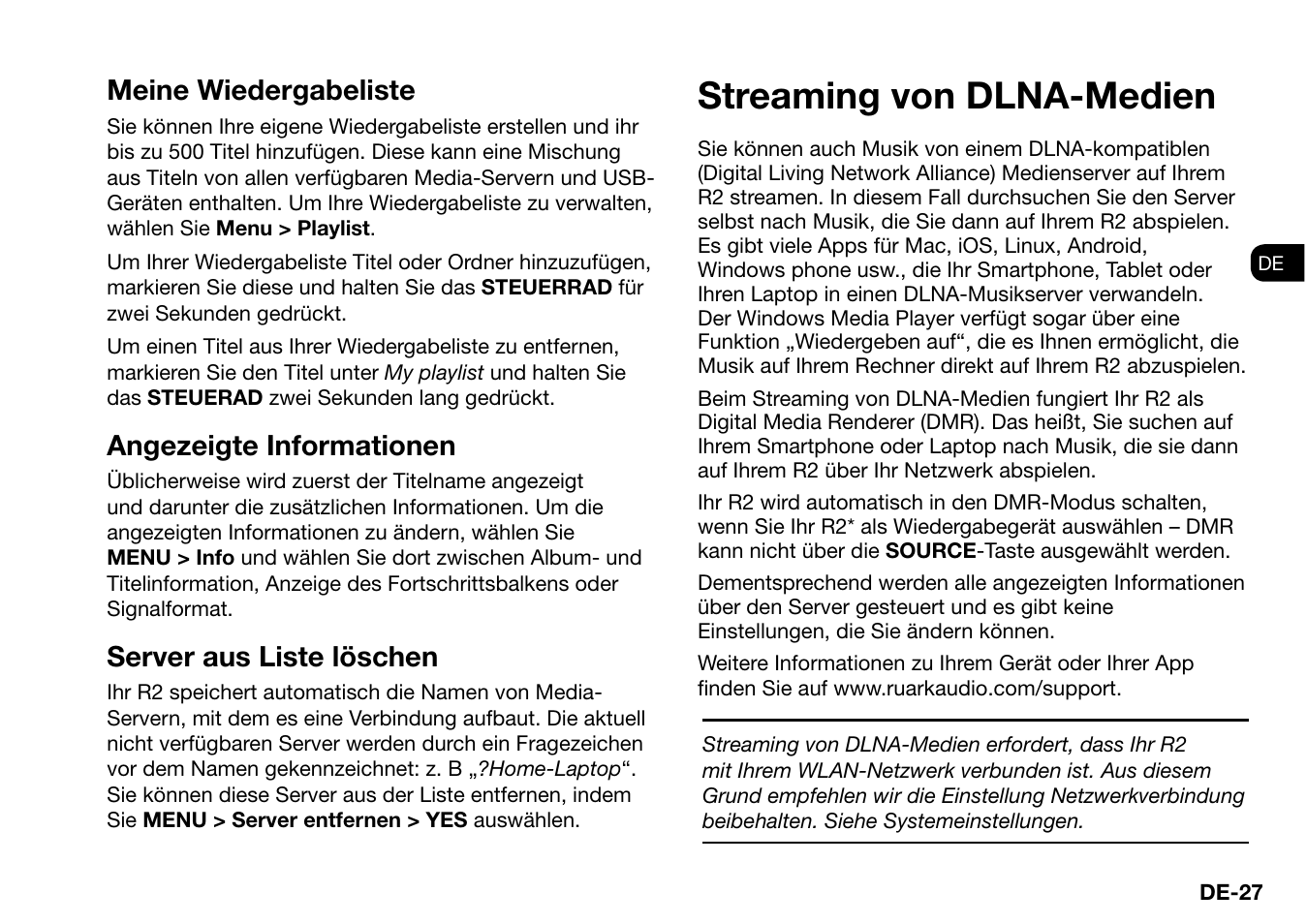 Streaming von dlna-medien, Meine wiedergabeliste, Angezeigte informationen | Server aus liste löschen | Ruark Audio R2 (mk3) User Manual | Page 91 / 256