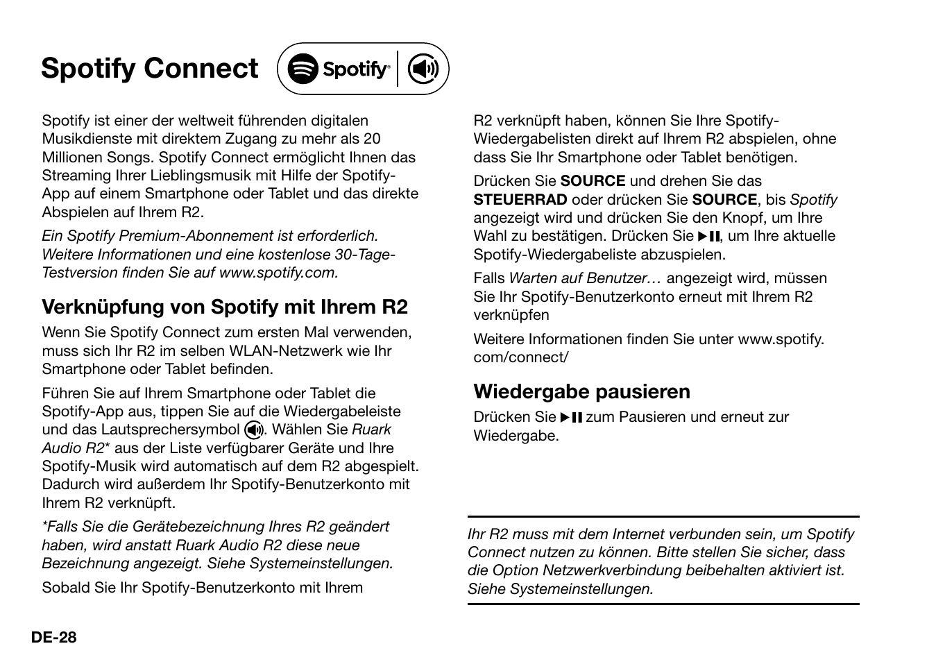 Spotify connect, Verknüpfung von spotify mit ihrem r2, Wiedergabe pausieren | Ruark Audio R2 (mk3) User Manual | Page 92 / 256