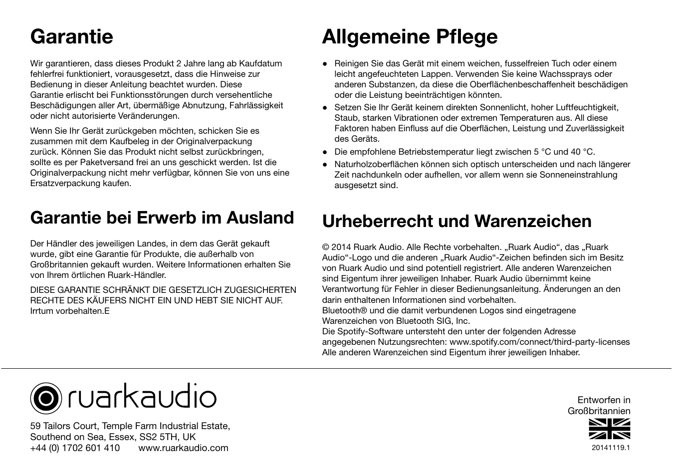 Garantie, Allgemeine pfl ege, Garantie bei erwerb im ausland | Urheberrecht und warenzeichen | Ruark Audio R2 (mk3) User Manual | Page 96 / 256