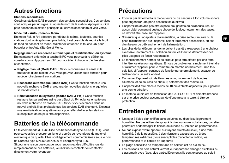 Autres fonctions, Batteries de la télécommande, Précautions | Entretien général | Ruark Audio R4i User Manual | Page 15 / 56