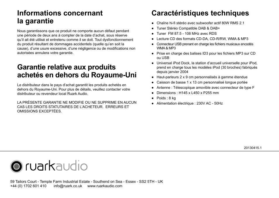 Informations concernant la garantie, Caractéristiques techniques | Ruark Audio R4i User Manual | Page 16 / 56