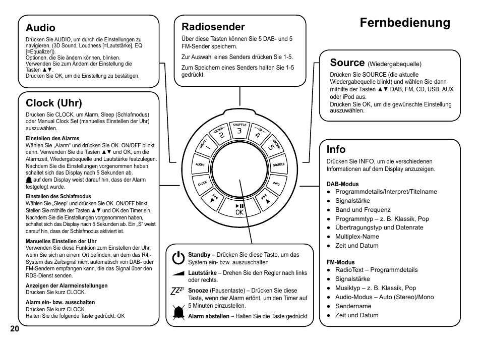 Fernbedienung, Audio, Clock (uhr) | Info, Source, Radiosender | Ruark Audio R4i User Manual | Page 20 / 56