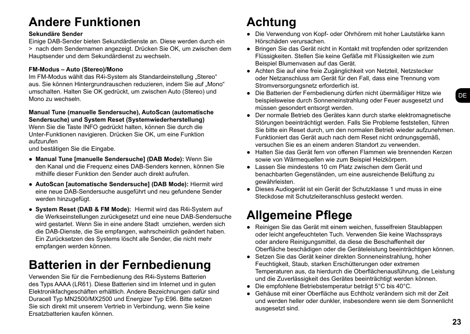 Andere funktionen, Batterien in der fernbedienung, Achtung | Allgemeine pflege | Ruark Audio R4i User Manual | Page 23 / 56