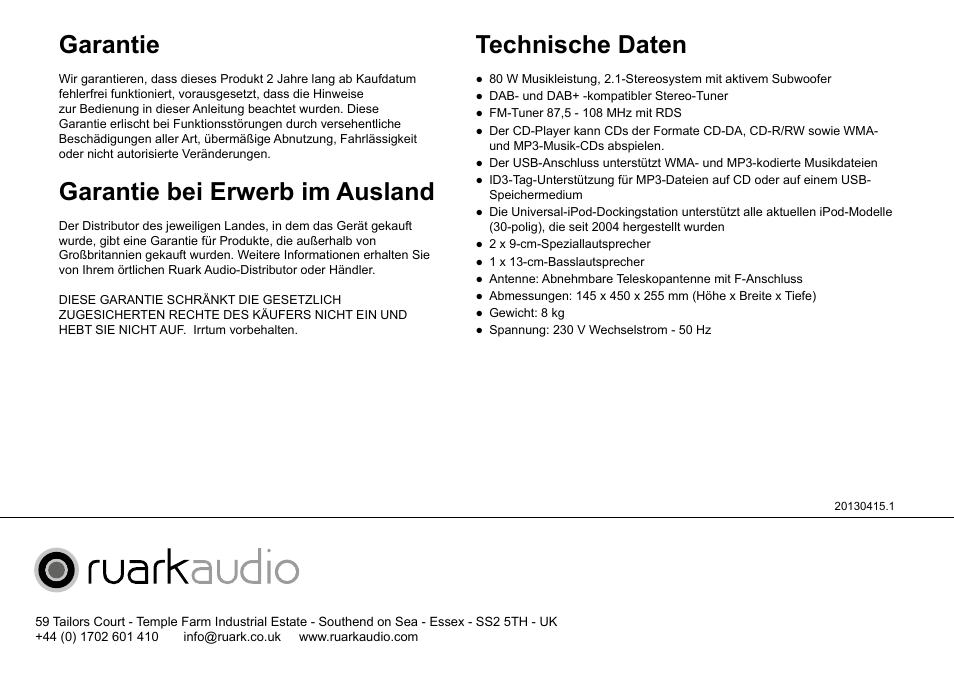 Garantie, Garantie bei erwerb im ausland, Technische daten | Ruark Audio R4i User Manual | Page 24 / 56