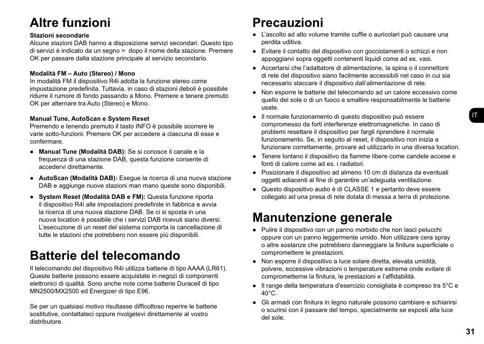 Altre funzioni, Batterie del telecomando, Precauzioni | Manutenzione generale | Ruark Audio R4i User Manual | Page 31 / 56