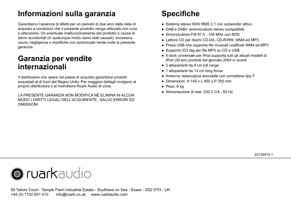 Informazioni sulla garanzia, Garanzia per vendite internazionali, Specifiche | Ruark Audio R4i User Manual | Page 32 / 56