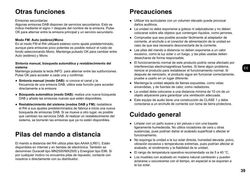 Otras funciones, Pilas del mando a distancia, Precauciones | Cuidado general | Ruark Audio R4i User Manual | Page 39 / 56