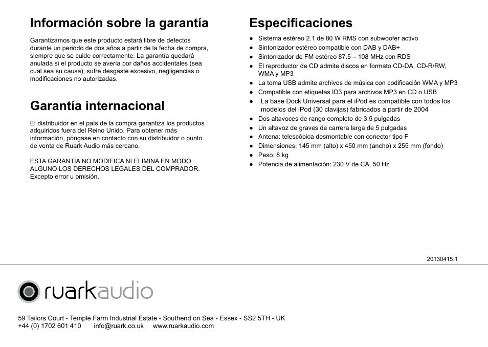 Información sobre la garantía, Garantía internacional, Especificaciones | Ruark Audio R4i User Manual | Page 40 / 56