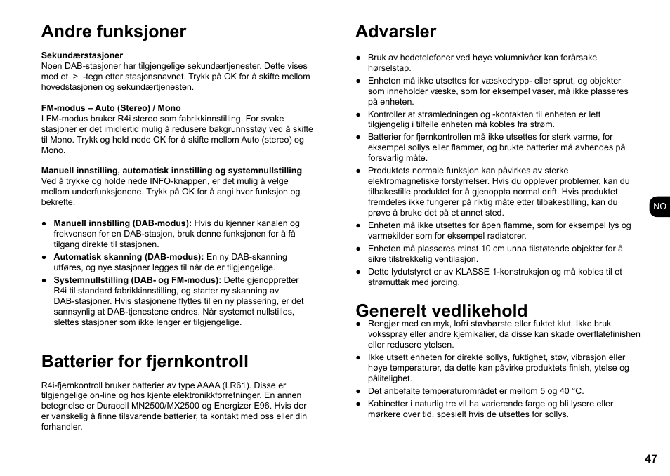 Andre funksjoner, Batterier for fjernkontroll, Advarsler | Generelt vedlikehold | Ruark Audio R4i User Manual | Page 47 / 56