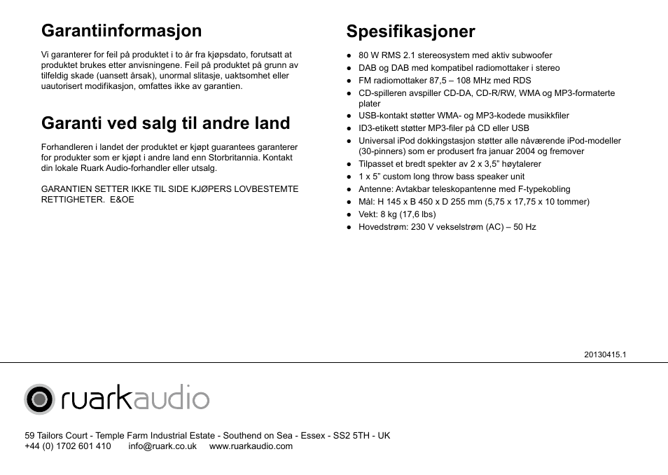 Garantiinformasjon, Garanti ved salg til andre land, Spesifikasjoner | Ruark Audio R4i User Manual | Page 48 / 56