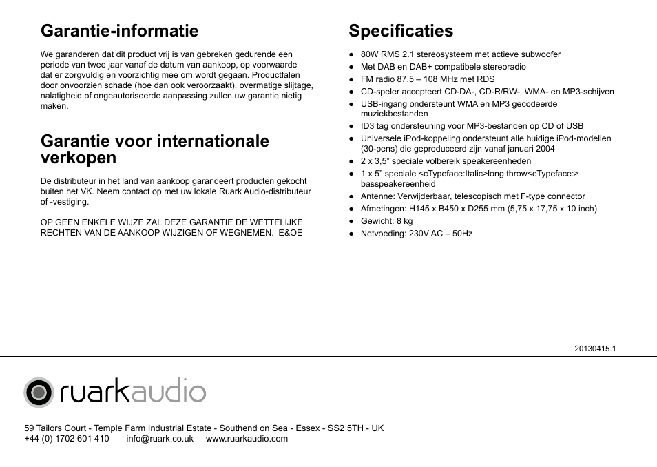 Garantie-informatie, Garantie voor internationale verkopen, Specificaties | Ruark Audio R4i User Manual | Page 56 / 56