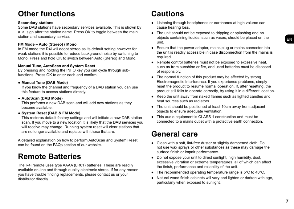 Other functions, Remote batteries, Cautions | General care | Ruark Audio R4i User Manual | Page 7 / 56