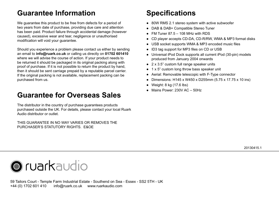 Specifications, Guarantee information, Guarantee for overseas sales | Ruark Audio R4i User Manual | Page 8 / 56