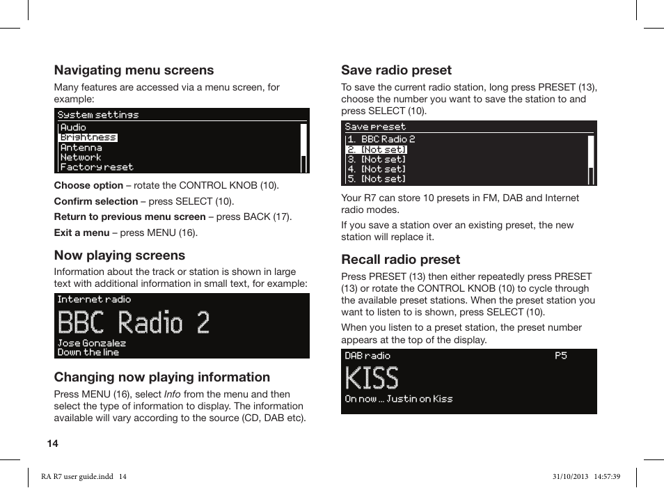 Bbc radio 2, Kiss, Navigating menu screens | Now playing screens, Changing now playing information, Save radio preset, Recall radio preset | Ruark Audio R7 User Manual | Page 14 / 32