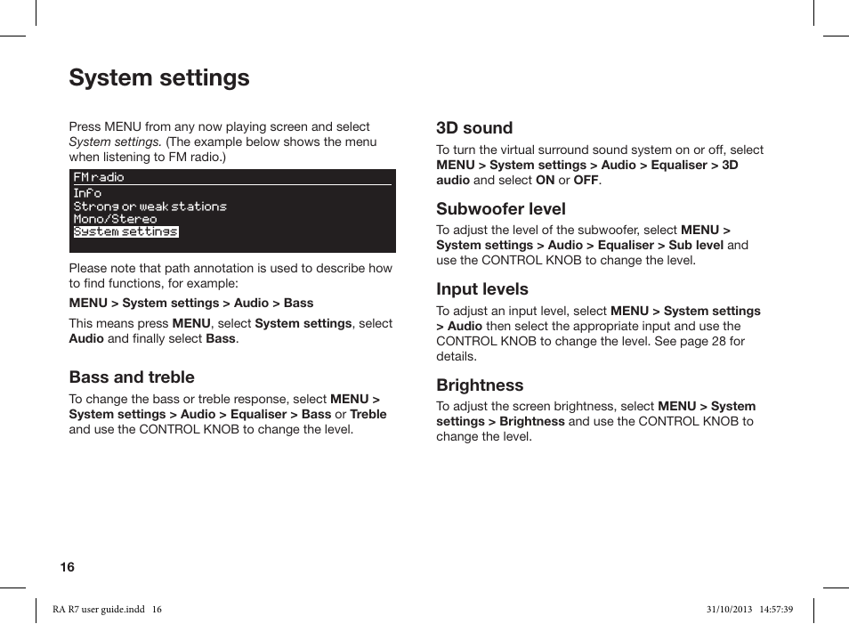 System settings, Bass and treble, 3d sound | Subwoofer level, Input levels, Brightness | Ruark Audio R7 User Manual | Page 16 / 32