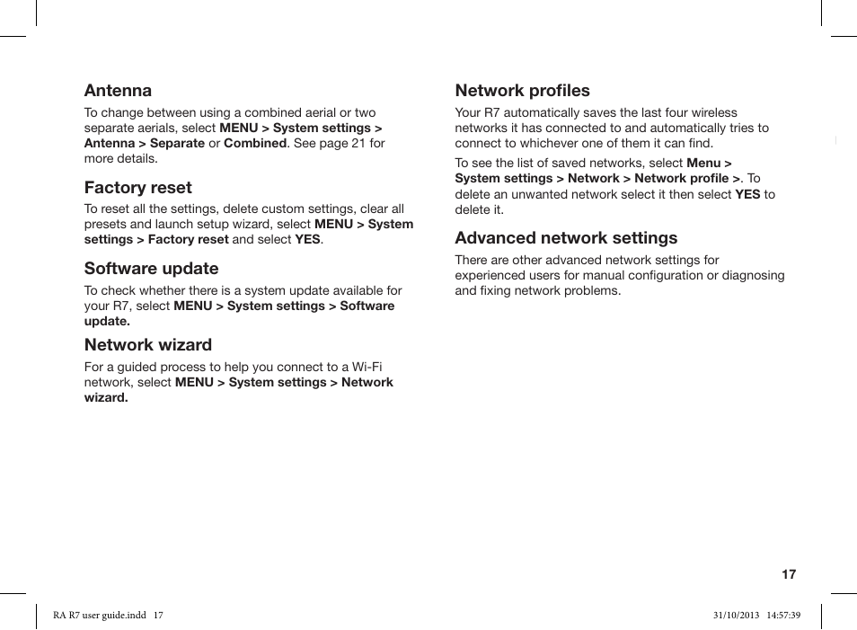 Antenna, Factory reset, Software update | Network wizard, Network profiles, Advanced network settings | Ruark Audio R7 User Manual | Page 17 / 32