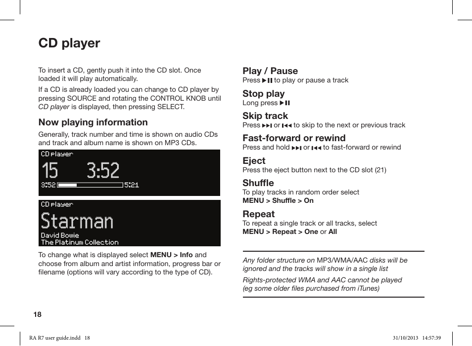 Starman, Cd player | Ruark Audio R7 User Manual | Page 18 / 32