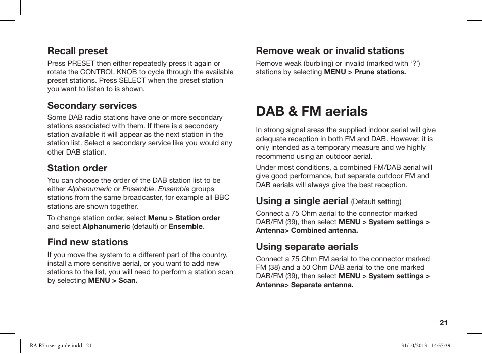 Dab & fm aerials, Recall preset, Secondary services | Station order, Find new stations, Remove weak or invalid stations, Using a single aerial, Using separate aerials | Ruark Audio R7 User Manual | Page 21 / 32