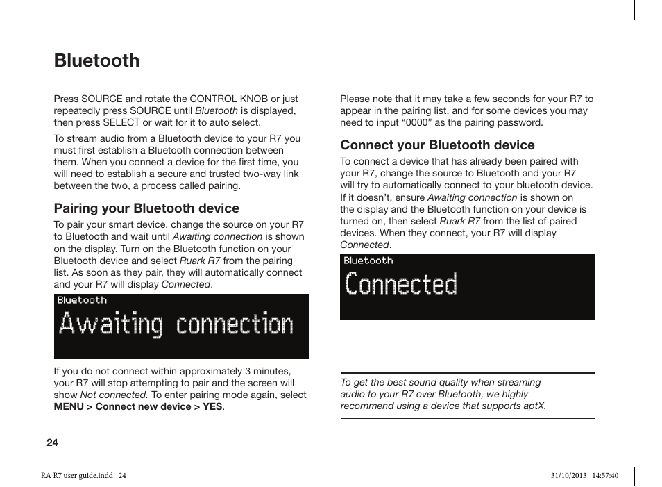 Awaiting connection, Connected, Bluetooth | Ruark Audio R7 User Manual | Page 24 / 32