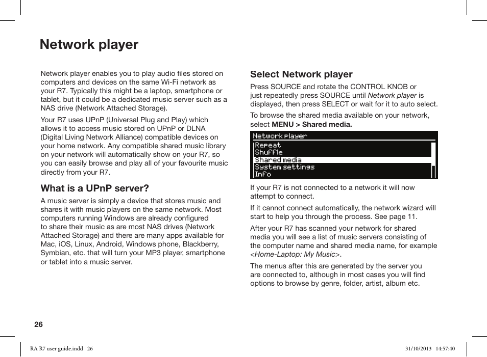 Network player, What is a upnp server, Select network player | Ruark Audio R7 User Manual | Page 26 / 32