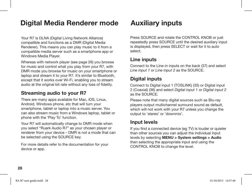 Digital media renderer mode, Auxiliary inputs | Ruark Audio R7 User Manual | Page 28 / 32