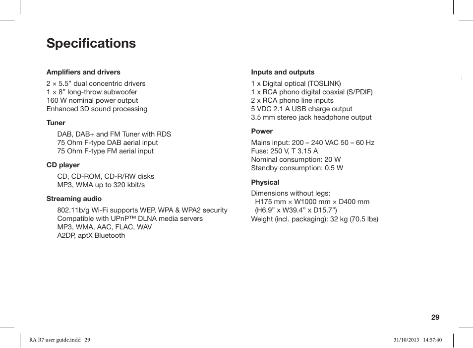 Specifications | Ruark Audio R7 User Manual | Page 29 / 32