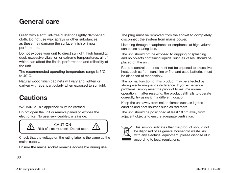 Cautions, General care | Ruark Audio R7 User Manual | Page 30 / 32