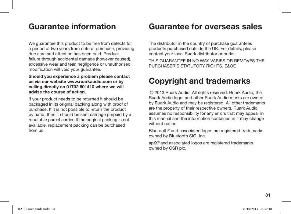 Guarantee information guarantee for overseas sales, Copyright and trademarks | Ruark Audio R7 User Manual | Page 31 / 32