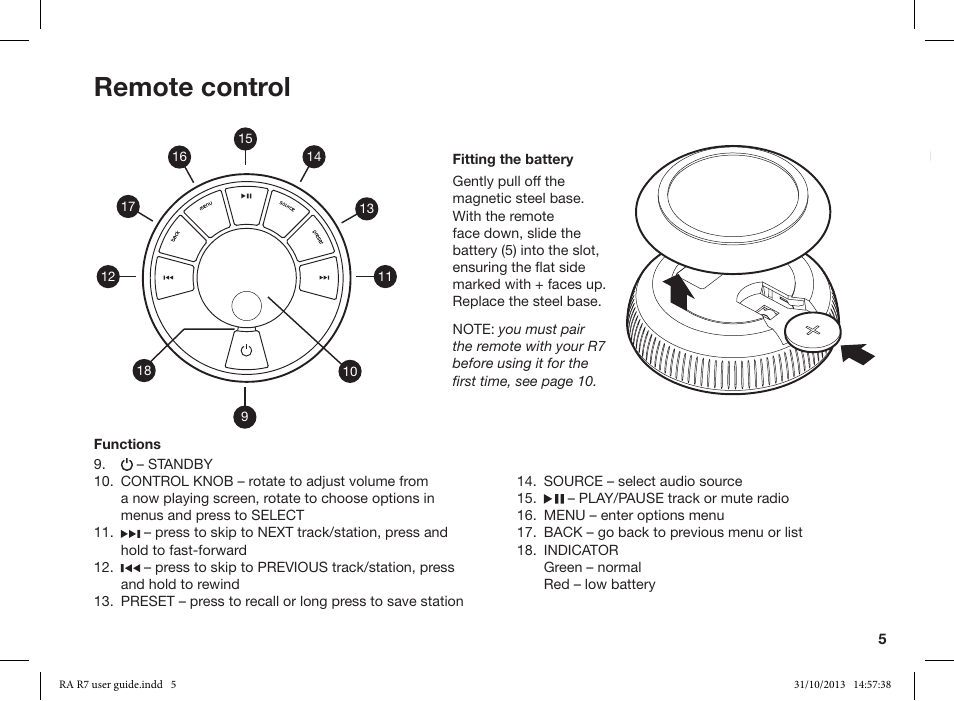 Remote control | Ruark Audio R7 User Manual | Page 5 / 32