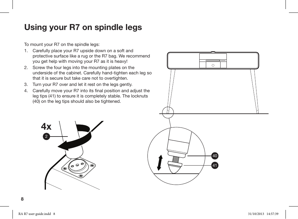 Using your r7 on spindle legs | Ruark Audio R7 User Manual | Page 8 / 32