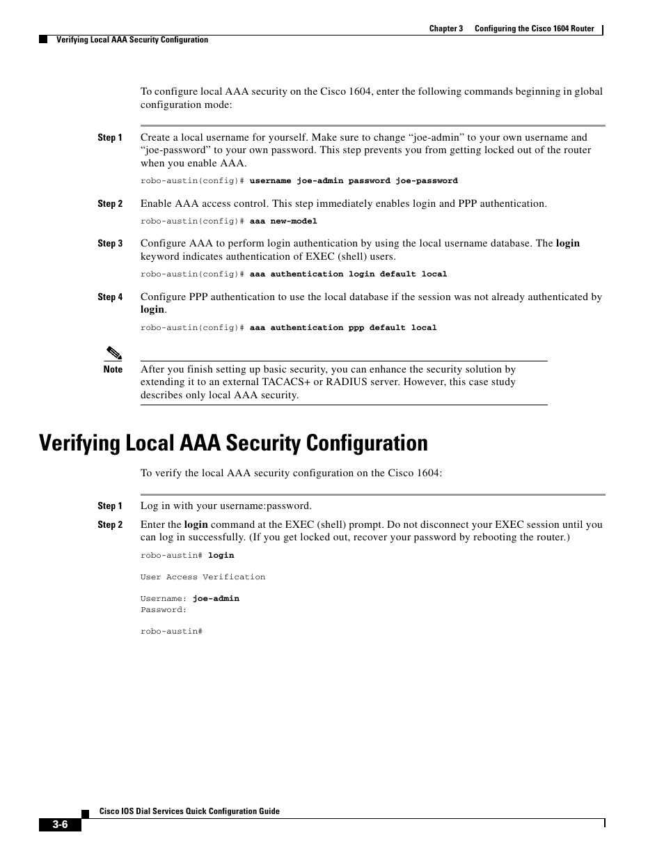 Verifying local aaa security configuration | Cisco 1604 User Manual | Page 6 / 22