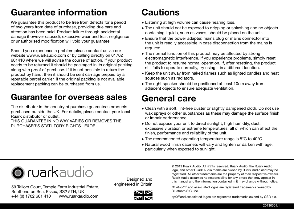 Guarantee information, Cautions, General care | Guarantee for overseas sales | Ruark Audio MR1 User Manual | Page 12 / 96