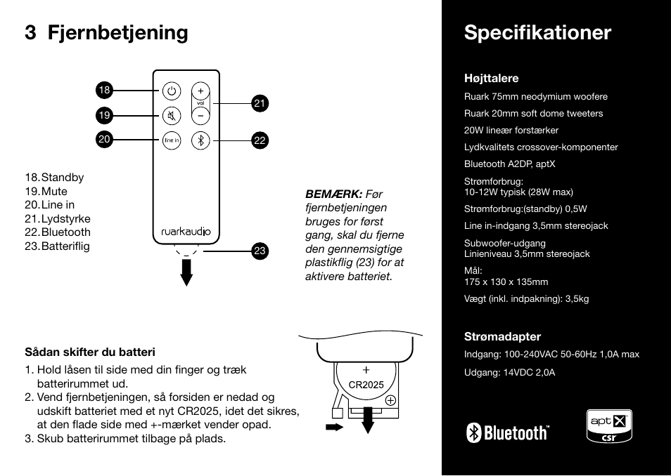 3 fjernbetjening, Specifikationer | Ruark Audio MR1 User Manual | Page 17 / 96