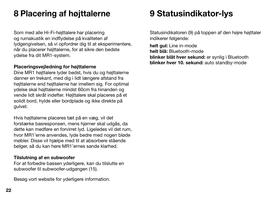 8 placering af højttalerne 9 statusindikator-lys | Ruark Audio MR1 User Manual | Page 22 / 96
