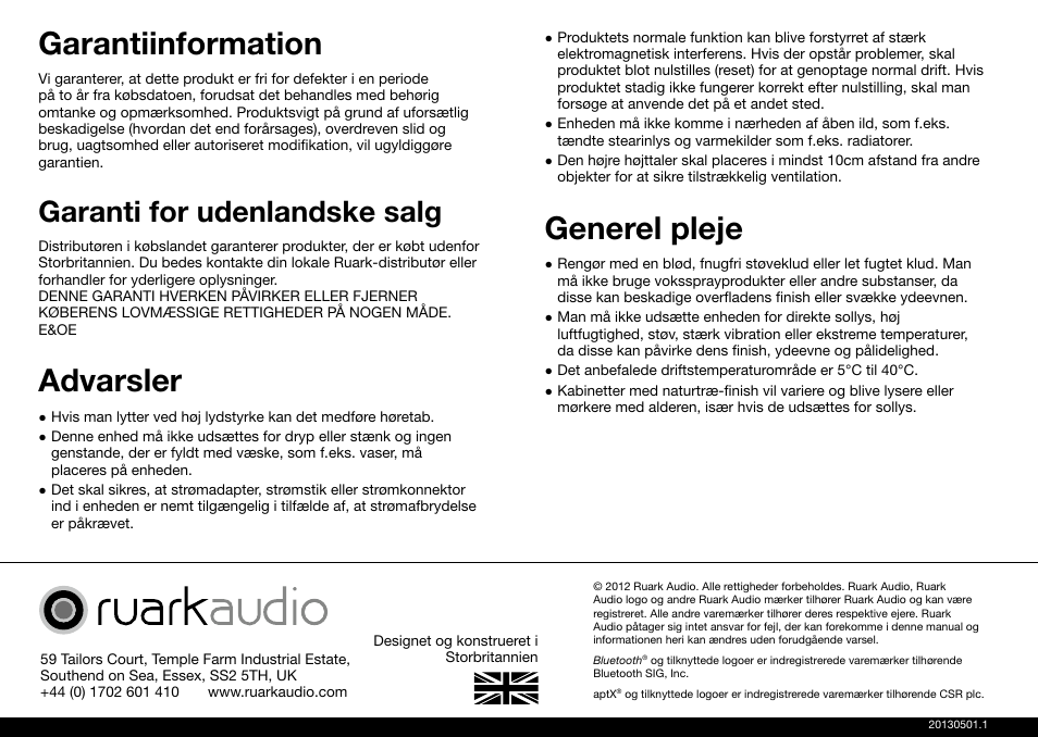 Garantiinformation, Advarsler, Generel pleje | Garanti for udenlandske salg | Ruark Audio MR1 User Manual | Page 24 / 96