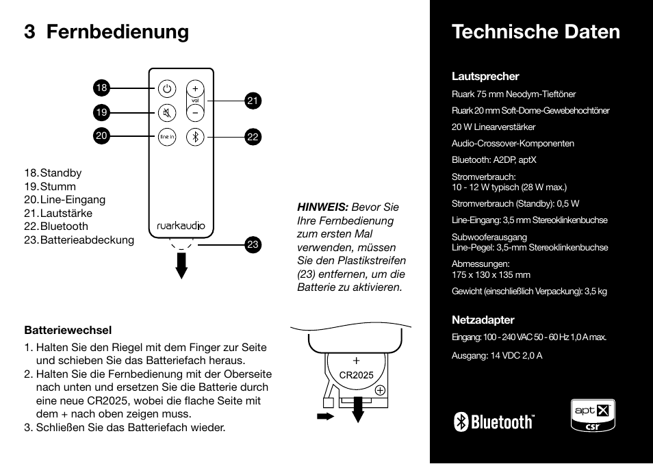 3 fernbedienung, Technische daten | Ruark Audio MR1 User Manual | Page 29 / 96