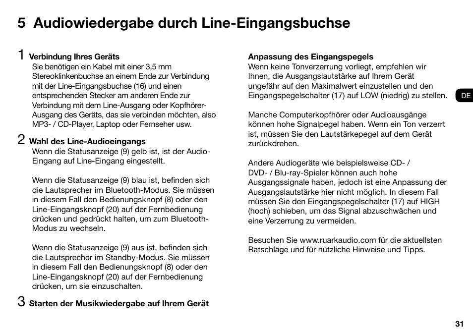 5 audiowiedergabe durch line-eingangsbuchse | Ruark Audio MR1 User Manual | Page 31 / 96