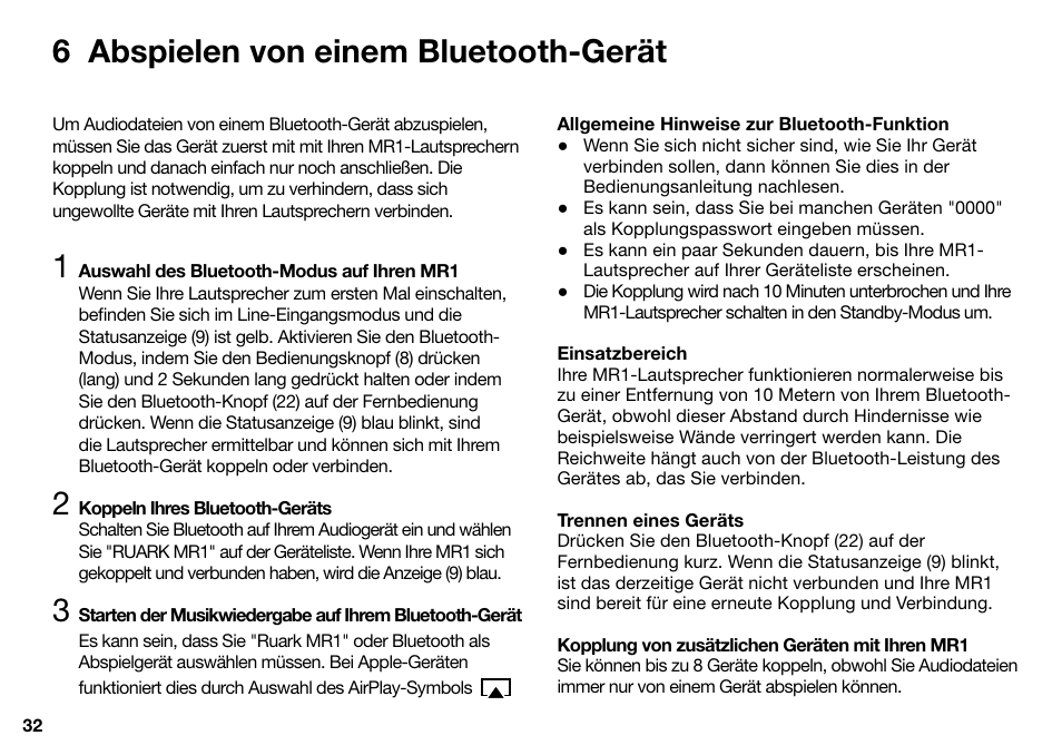 6 abspielen von einem bluetooth-gerät | Ruark Audio MR1 User Manual | Page 32 / 96