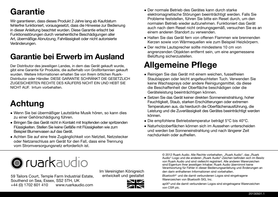 Garantie, Achtung, Allgemeine pflege | Garantie bei erwerb im ausland | Ruark Audio MR1 User Manual | Page 36 / 96