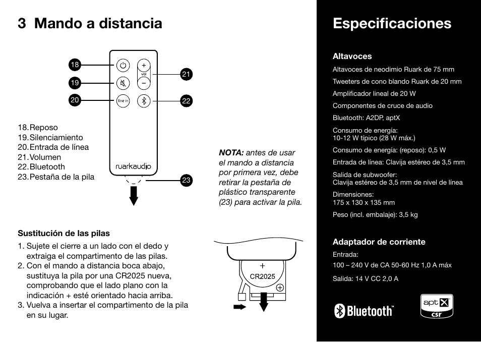 3 mando a distancia, Especificaciones | Ruark Audio MR1 User Manual | Page 41 / 96