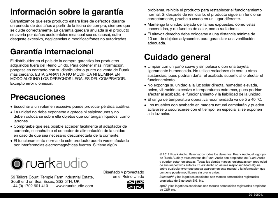Información sobre la garantía, Precauciones, Cuidado general | Garantía internacional | Ruark Audio MR1 User Manual | Page 48 / 96