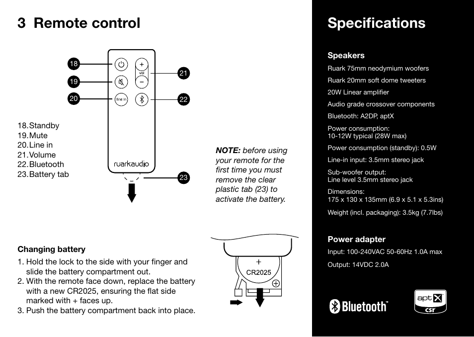 3 remote control, Specifications | Ruark Audio MR1 User Manual | Page 5 / 96
