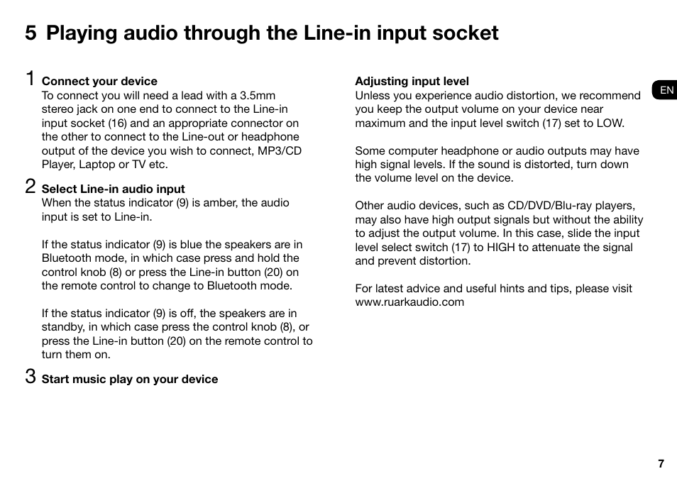 5 playing audio through the line-in input socket | Ruark Audio MR1 User Manual | Page 7 / 96