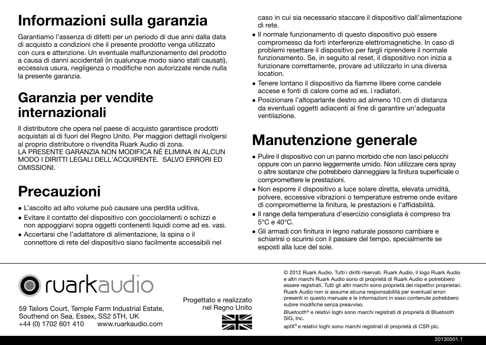 Informazioni sulla garanzia, Precauzioni, Manutenzione generale | Garanzia per vendite internazionali | Ruark Audio MR1 User Manual | Page 72 / 96