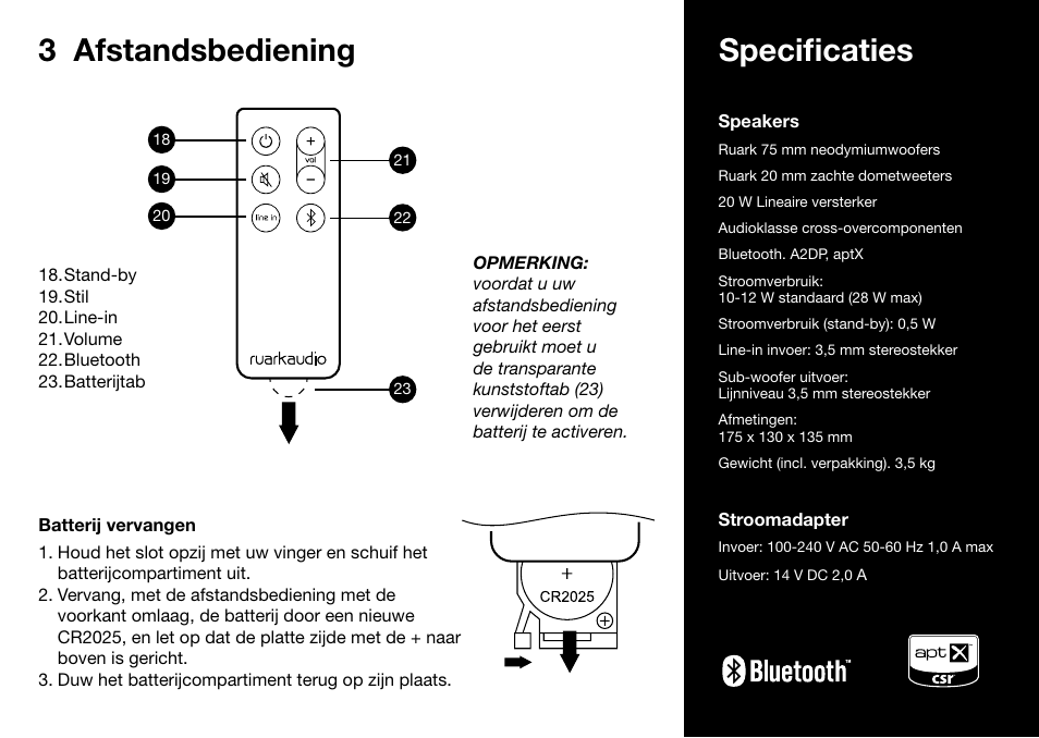3 afstandsbediening, Specificaties | Ruark Audio MR1 User Manual | Page 77 / 96