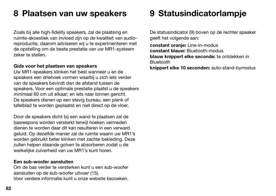 8 plaatsen van uw speakers 9 statusindicatorlampje | Ruark Audio MR1 User Manual | Page 82 / 96
