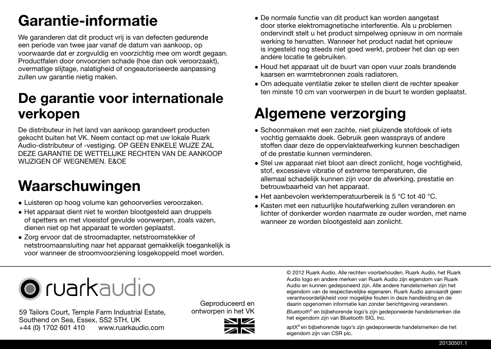 Garantie-informatie, Waarschuwingen, Algemene verzorging | De garantie voor internationale verkopen | Ruark Audio MR1 User Manual | Page 84 / 96