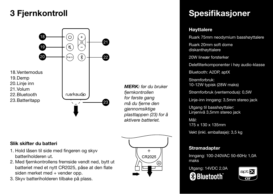 3 fjernkontroll, Spesifikasjoner | Ruark Audio MR1 User Manual | Page 89 / 96